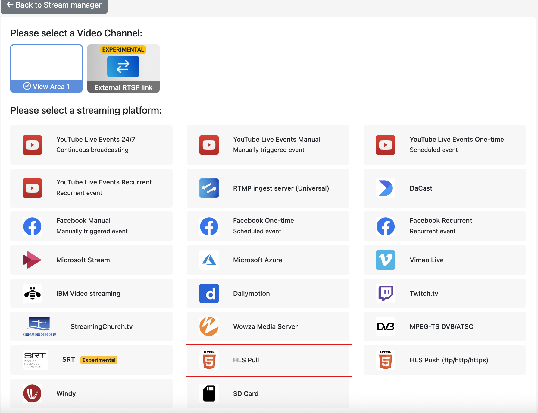CamStreamer platform selection screen