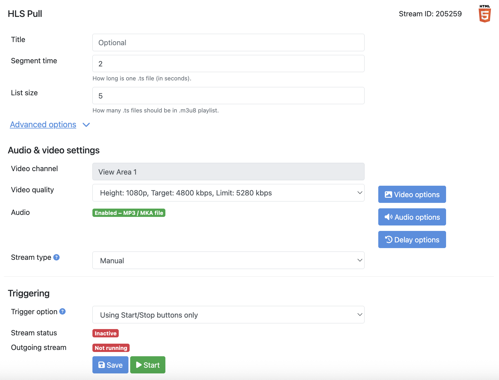 CamStreamer video settings screen