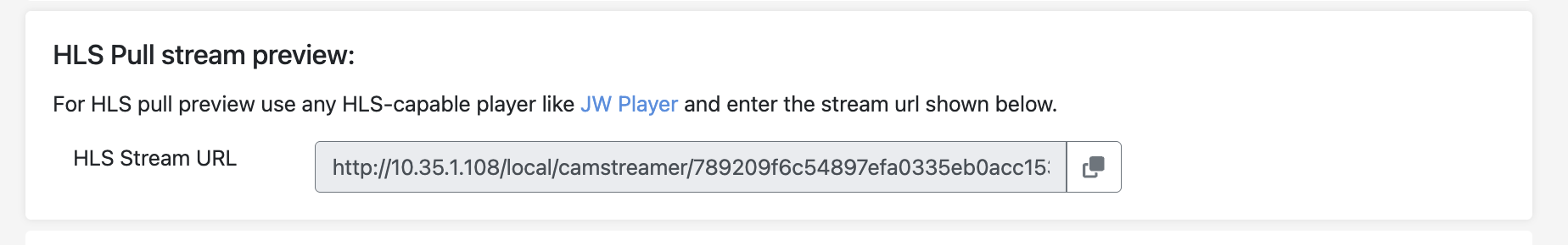 CamStreamer HLS url screen
