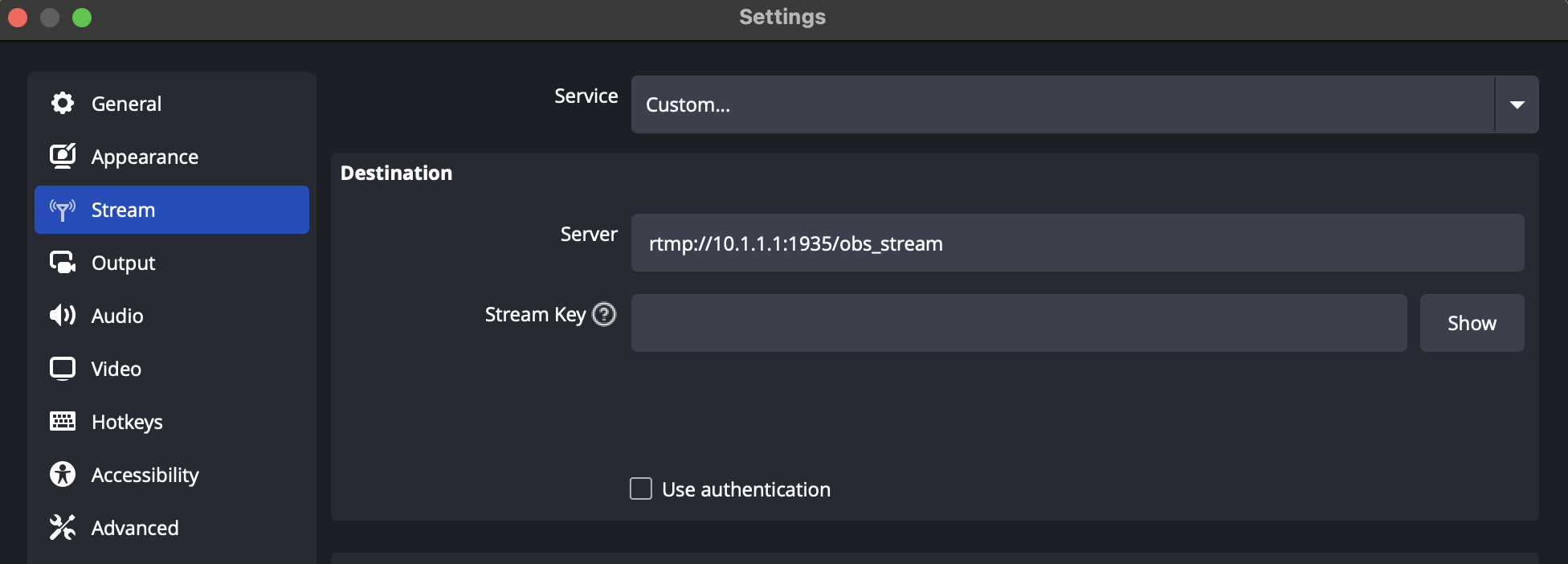 OBS stream settings screen